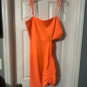 Bright Orange Ruched Slip Dress with Tie Straps